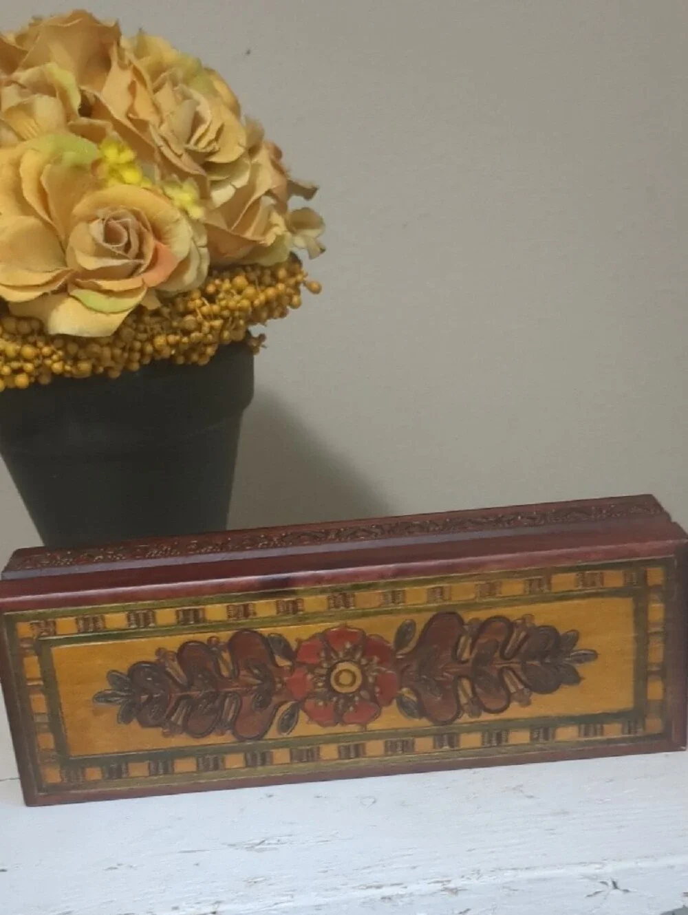 Pyrography Vintage Hand-Painted Floral Wooden Box